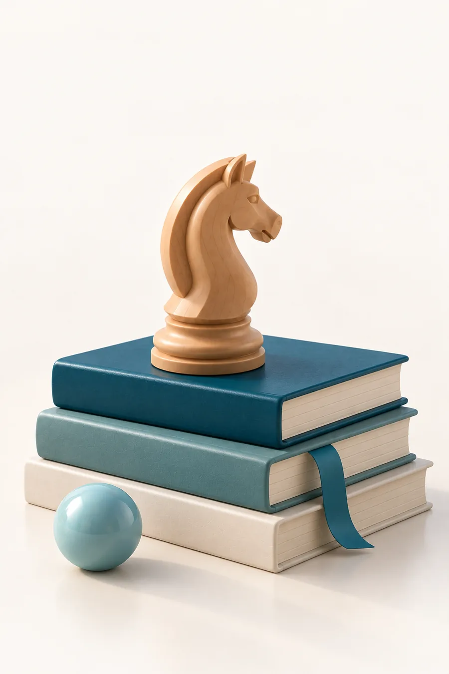 Illustration: a wooden knight standing on a small stack of petrol-blue, teal and off-white books