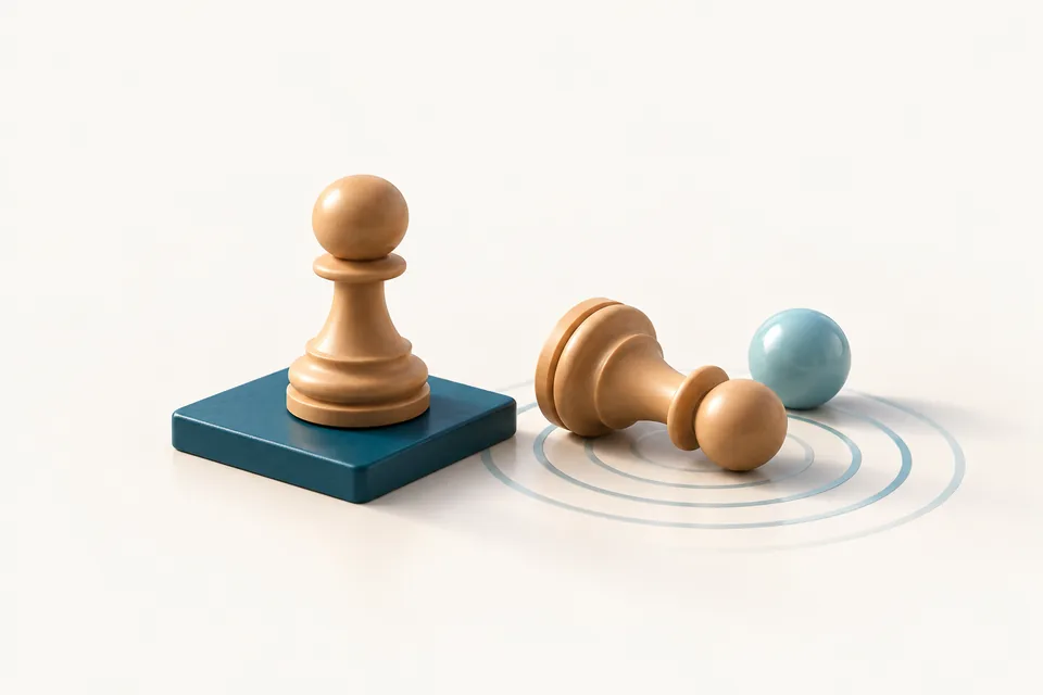 Illustration: a wooden pawn standing on a petrol-blue tile next to a fallen pawn, with soft ripples and a pale-blue sphere