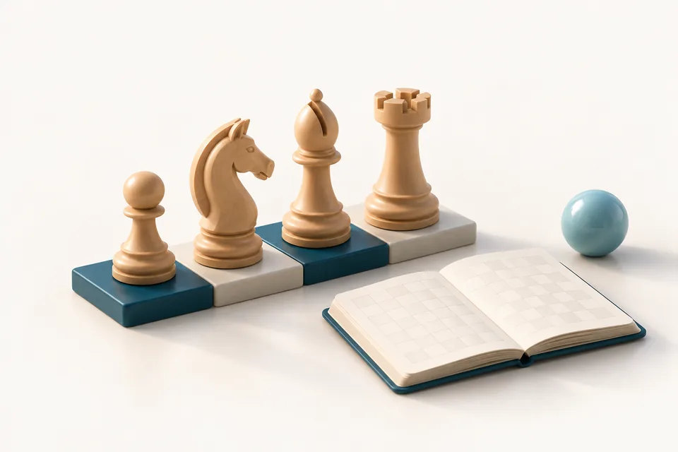 Illustration: a pawn, knight, bishop and rook lined up from small to tall on a strip of squares, next to an open notebook