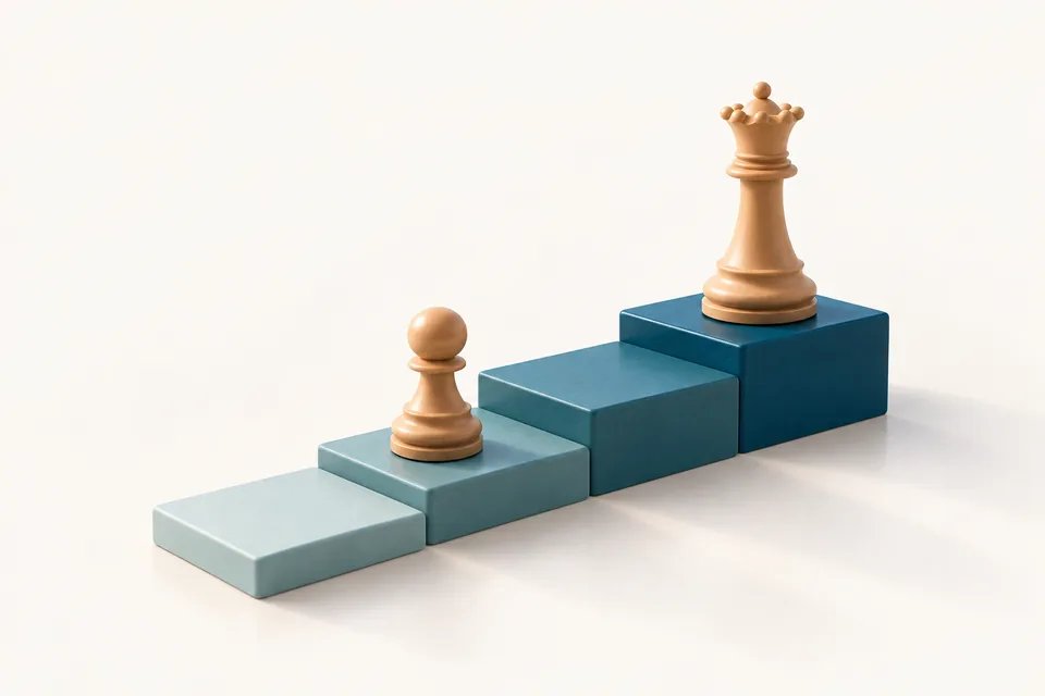 Illustration: a short staircase of squares from pale blue to petrol, with a pawn climbing towards a queen at the top