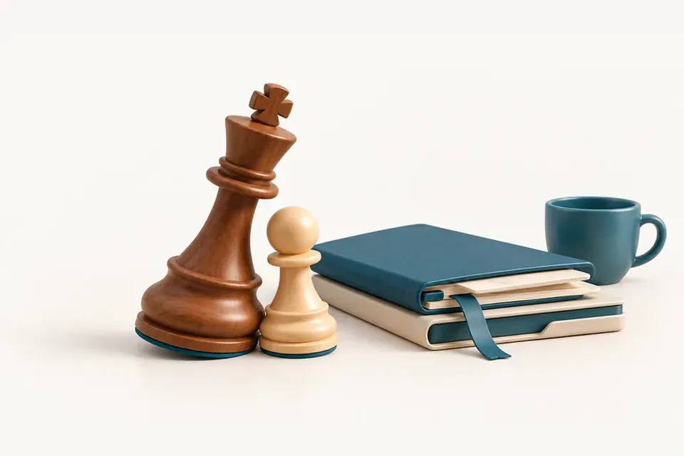 Illustration: a tall wooden king leaning towards a small pawn, next to a report folder and a cup