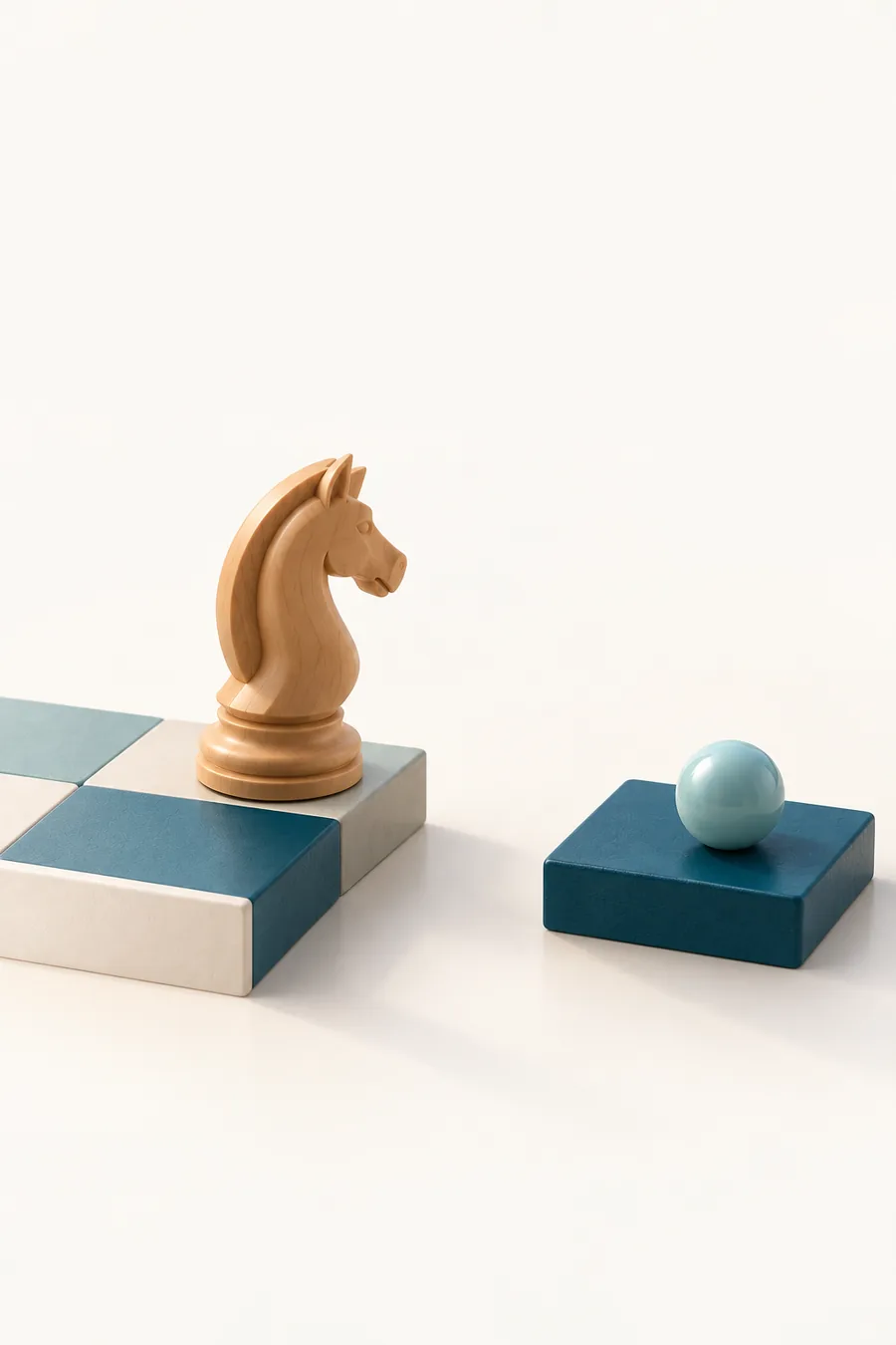 Illustration: a wooden knight on the edge of a platform, looking across a short gap at a petrol-blue square