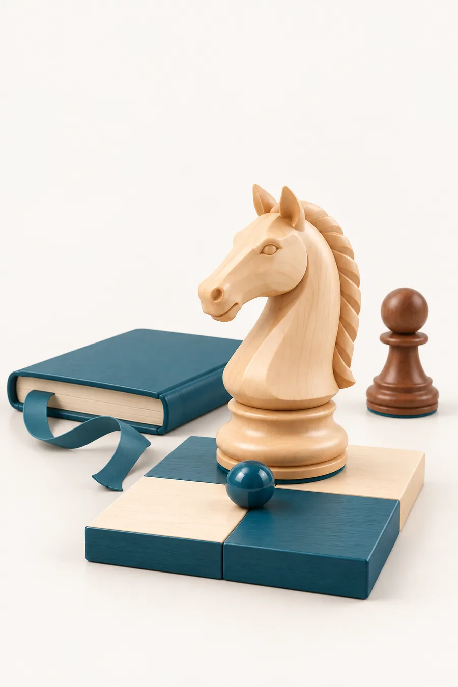 Illustration: a wooden chess knight on the four central squares of a board, with a petrol-blue sphere at the centre, a book and a pawn