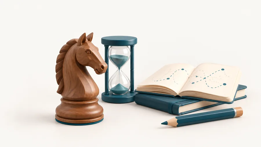 Illustration: a chess knight beside an hourglass, a notebook and a pencil