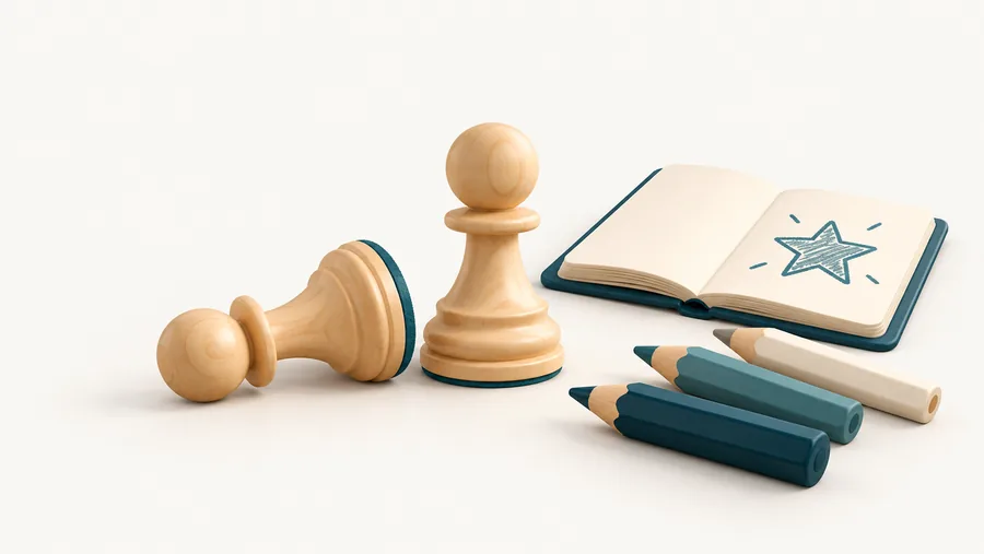 Illustration: a pawn standing back up next to a fallen one, with coloured pencils and a sketchbook