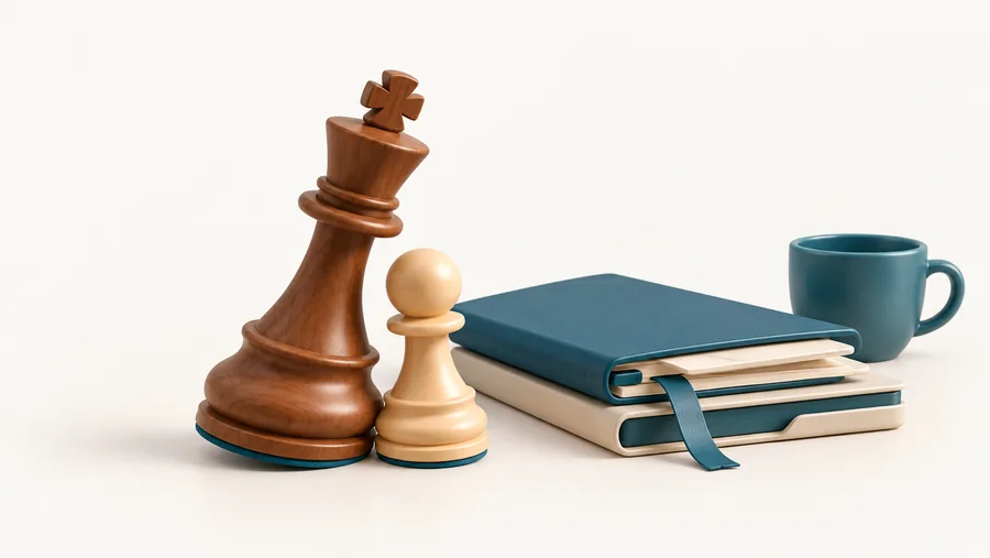 Illustration: a tall king leaning towards a small pawn, next to a report folder and a cup
