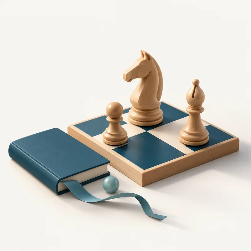 Illustration: wooden chess pieces on the central squares of a board, next to a petrol-blue book