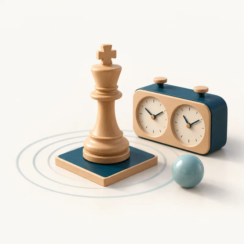 Illustration: a wooden king standing calmly next to a chess clock