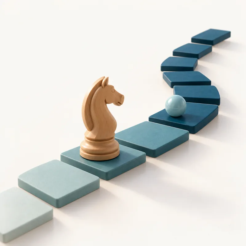 Illustration: a wooden knight moving forward along a path of light squares