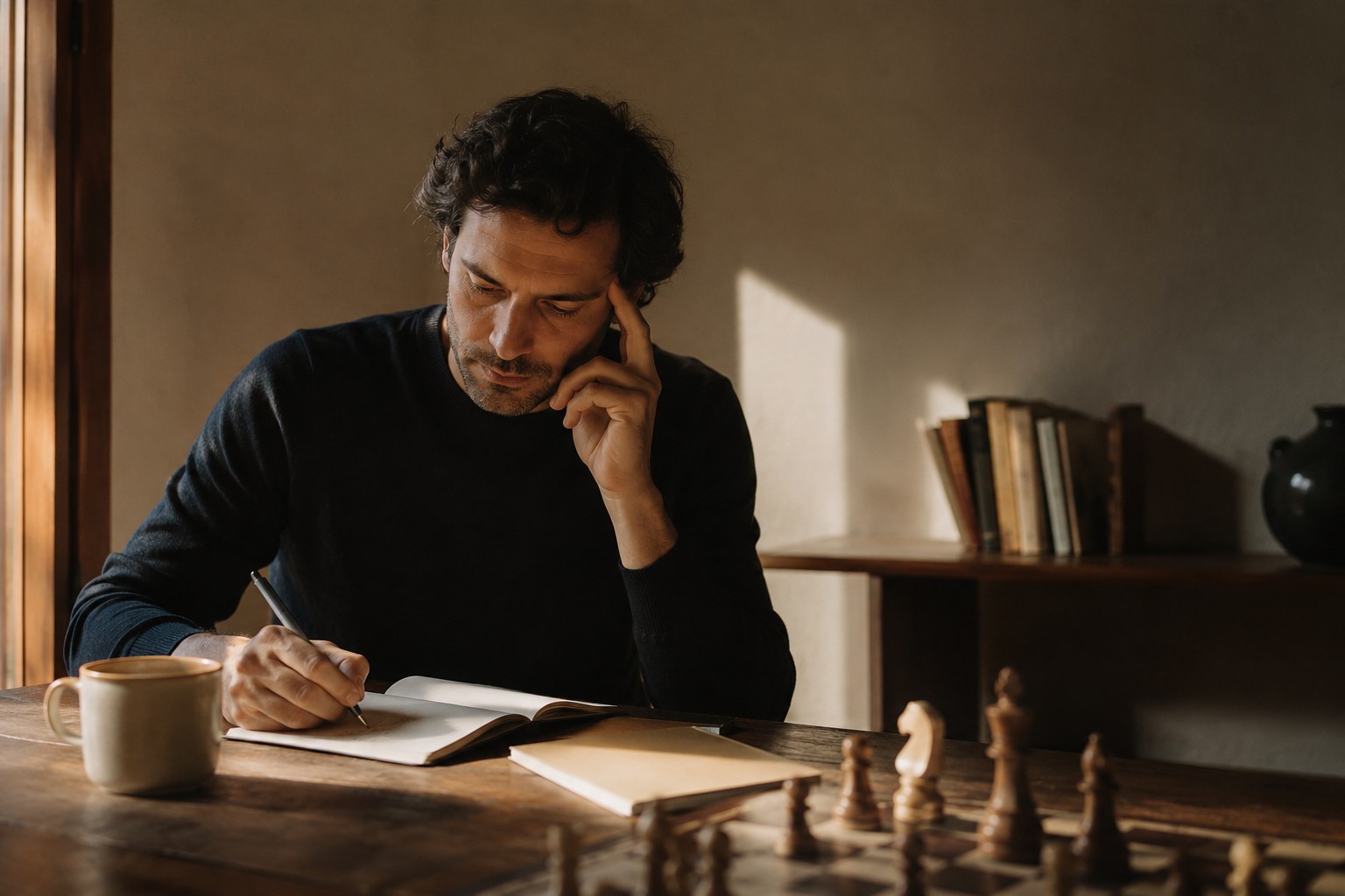 An adult student reviewing a chess position and taking notes