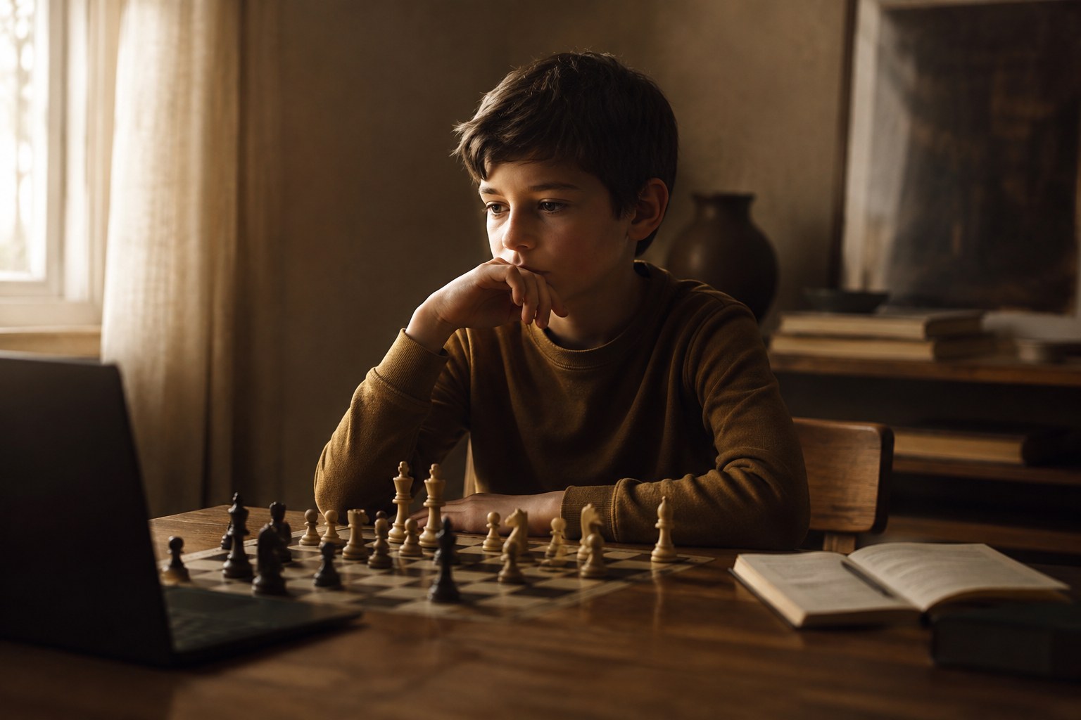 A child studying a chess position during an online lesson